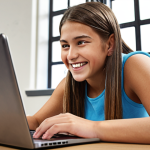 **A student happily engaged in online learning on a laptop, surrounded by personalized learning resources, showcasing flexibility and individual growth.** (Focus: personalized learning, technology, student engagement)