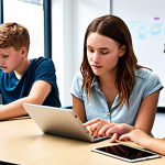 ** A diverse group of students engaged in a collaborative project, using tablets and laptops, in a bright and modern classroom. The atmosphere should be energetic and focused on problem-solving, with a sense of teamwork.

**