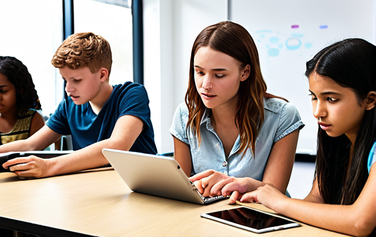 ** A diverse group of students engaged in a collaborative project, using tablets and laptops, in a bright and modern classroom. The atmosphere should be energetic and focused on problem-solving, with a sense of teamwork.
**