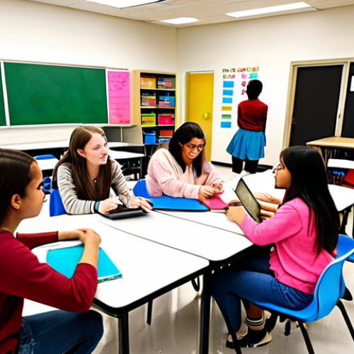Home 21 **
A diverse group of students actively engaged in a project-based learning activity, collaborating around a table with laptops and brainstorming materials. The setting is a brightly lit, modern classroom with modular furniture. The atmosphere is energetic and collaborative, showcasing student-centered learning in action.
**