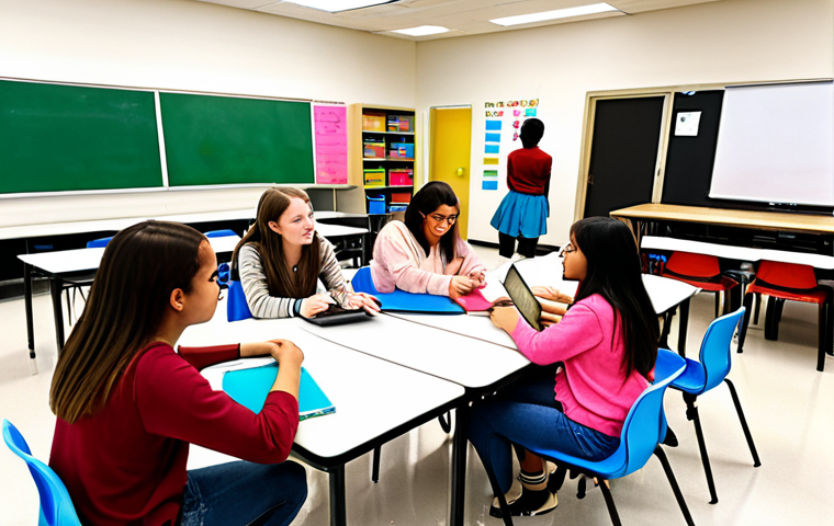 **
A diverse group of students actively engaged in a project-based learning activity, collaborating around a table with laptops and brainstorming materials. The setting is a brightly lit, modern classroom with modular furniture. The atmosphere is energetic and collaborative, showcasing student-centered learning in action.
**