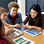**A diverse group of international students collaborating on a sustainable development project, using online tools, with a focus on cultural exchange and teamwork.**