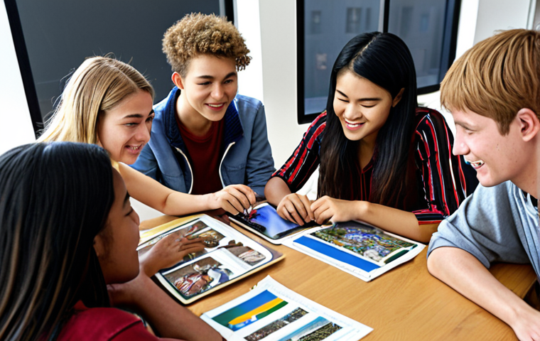 **A diverse group of international students collaborating on a sustainable development project, using online tools, with a focus on cultural exchange and teamwork.**