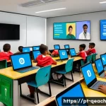 Home 21 모듈식 교육과정에서의 기술 활용 방안 - A modern digital classroom scene in Brazil featuring diverse students of different ages engaging wit...