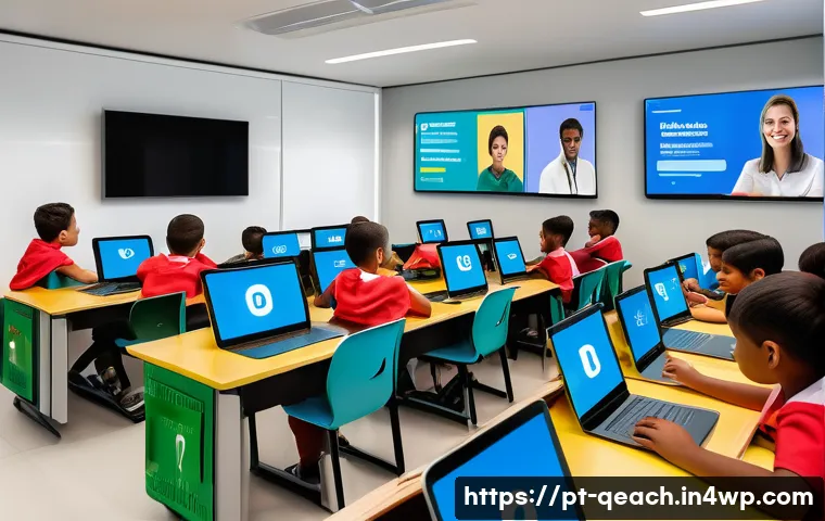 모듈식 교육과정에서의 기술 활용 방안 - A modern digital classroom scene in Brazil featuring diverse students of different ages engaging wit...