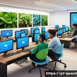 Home 20 모듈식 교육과정의 효과적인 실행 계획 - A modern digital classroom scene focused on modular learning, showing diverse students of various et...