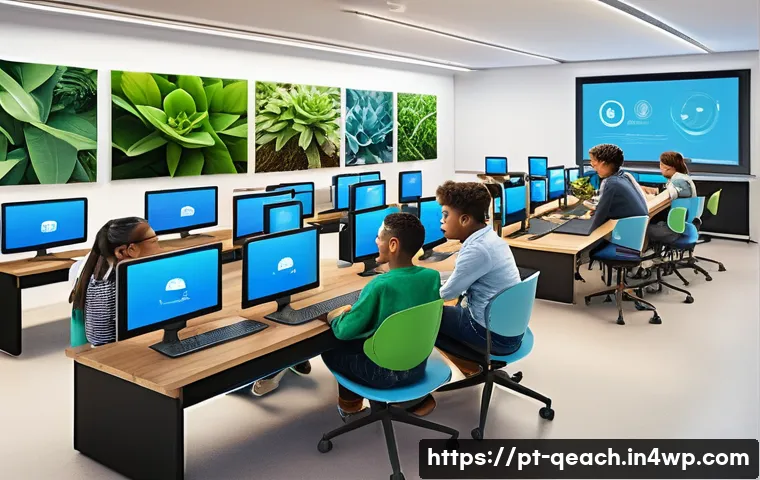 모듈식 교육과정의 효과적인 실행 계획 - A modern digital classroom scene focused on modular learning, showing diverse students of various et...
