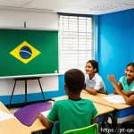 Home 18 모듈식 교육과정의 성과 기반 피드백 시스템 - A modern classroom setting in Brazil featuring a diverse group of students engaged in a collaborativ...