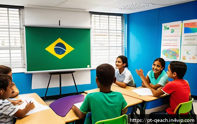 모듈식 교육과정의 성과 기반 피드백 시스템 - A modern classroom setting in Brazil featuring a diverse group of students engaged in a collaborativ...